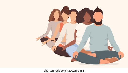 Group Of Different People Practicing Yoga Together. Man And Woman  Sitting In Lotus Position Isolated On White