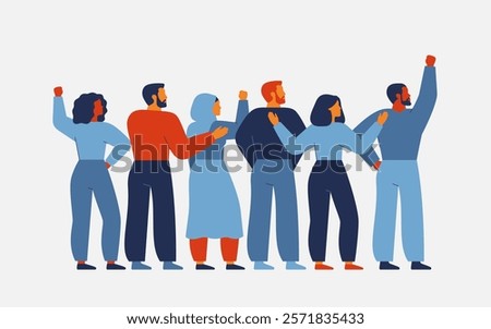 group of different people stand together for human rights and freedoms. Men and women fight and protest for equality and inclusion.   Community unity^ friendship and support concept
