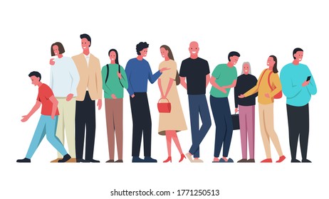 Group of different people standing flat vector illustration. Men, women and children standing wearing bright and sylish clothes and happy smiling faces. Represents concept of unity, communication