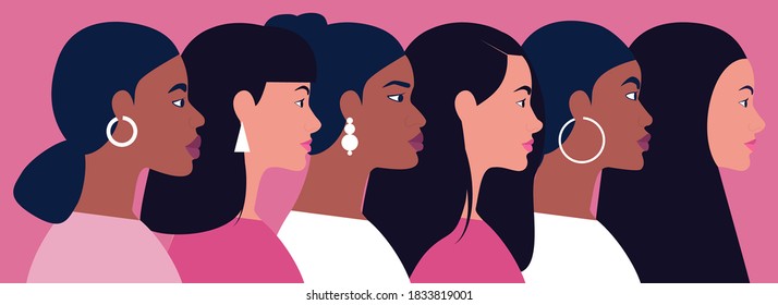 Group of different people standing together. Women power, feminism and body positive theme. Vector illustration in a flat style