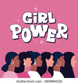 Group of different people standing together. Women power, feminism and body positive theme. Vector illustration in a flat style
