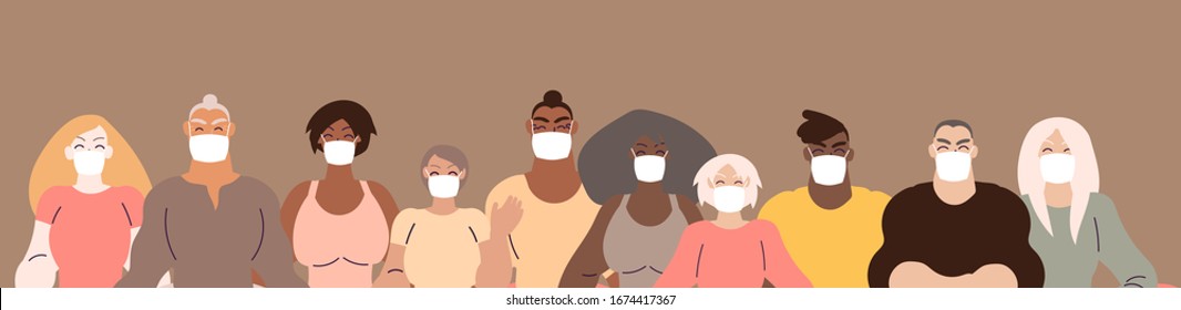 Group of different people wearing face mask for virus protection. Flat vector illustration in minimal style.