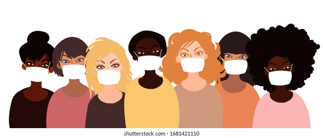 Group of different people wearing face mask for virus protection. Flat vector illustration in minimal style.