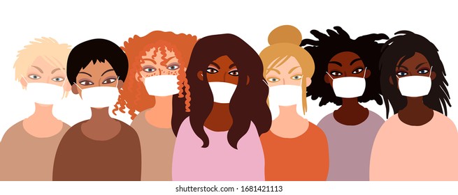 Eine Gruppe verschiedener Personen, die Gesichtsmaske für den Virenschutz tragen. Flaches Vektorillustration-Illustration in minimalem Stil.