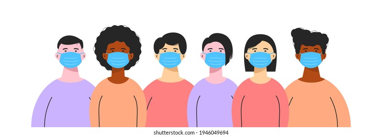Group of different people wearing medical masks isolated on white background. Coronavirus protection, pandemic prevention measures. COVID-19 prevention concept. Vector flat illustration.