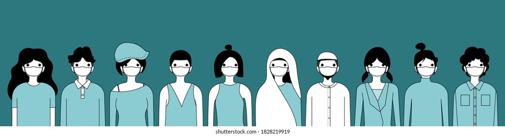 Group of different people wearing  protective medical face masks. Men and women wearing protection from virus, urban air pollution, smog, vapor, pollutant gas emission. Vector illustration for graphic