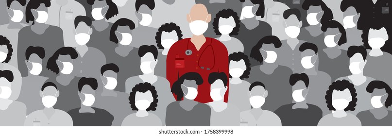 Group of different people wearing white medical face mask expressing their gratitude toward the doctors and nurses who helped them during the Coronavirus COVID-19 pandemic outbreak.