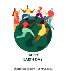 Group of Different People Women and Man are Dancing Around the Planet Globe.Happy Earth Day Celebrating, Holding Hands.Ecology Support,Environment Friendly, Protecting Concept.Flat vector illustration