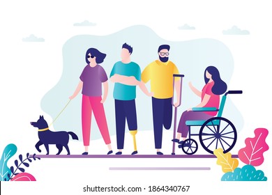 Group of different persons with disabilities. Female character sitting in wheelchair.  Various disabled people set. Blind woman with dog escort. Handsome man with prosthesis. Vector illustration