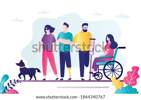 Group of different persons with disabilities. Female character sitting in wheelchair.  Various disabled people set. Blind woman with dog escort. Handsome man with prosthesis. Vector illustration