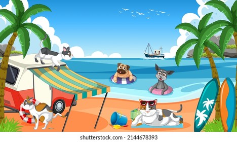 A group of different pet do various activities on the beach illustration