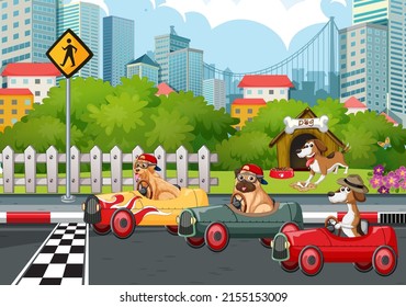 A group of different pet driving car on park street illustration