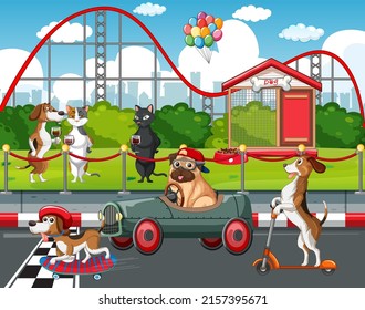 Un grupo de coches de conducción de mascotas diferentes en la ilustración de park street