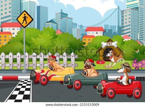 A group of different pet driving car on park\
street illustration