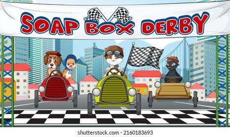 A group of different pet racing car in city illustration