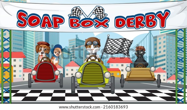 A\
group of different pet racing car in city\
illustration