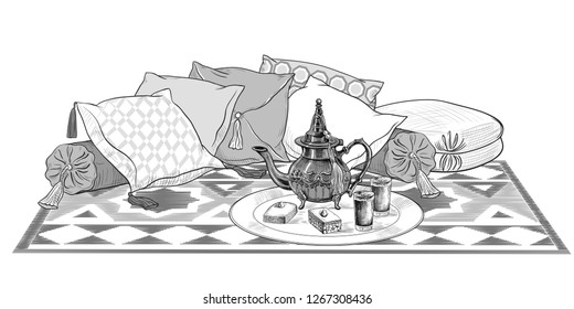 
Group of different pillows with tassels and a dish with an oriental teapot, glasses of tea and baklava on a rug with a geometric pattern. Vector illustration in vintage style .Sketch.
