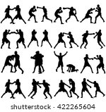 Group of different poses of boxer players vector silhouette isolated on white background. Direct kick. Clinch, knockout, hook... Sparring on training. Sparing duel.