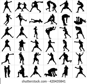 Group of different poses of boxer players vector silhouette isolated on white background. Direct kick. Clinch, knockout, hook...