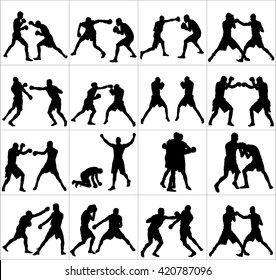 Group of different poses of boxer players vector silhouette isolated on white background. Direct kick. Clinch, knockout, hook...