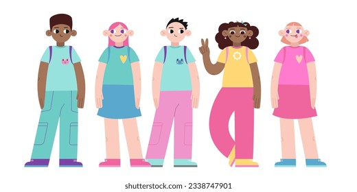 Grupo de diferentes niños preadolescentes o adolescentes, estilo de dibujos animados. Compañeros de clase, escolares juntos. Ilustración vectorial moderna a la moda aislada en blanco, dibujado a mano, plano