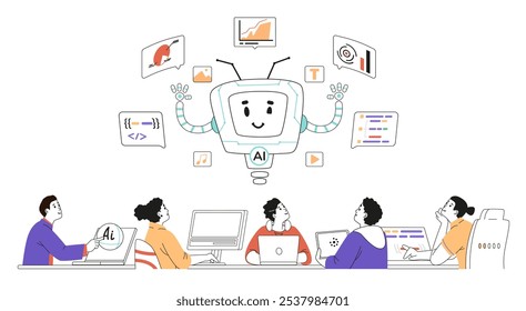 Grupo de diferentes profissionais sentados em uma mesa interagindo com o conceito de inteligência artificial. Homens e mulheres abraçando com AI robô personagem linear ilustração vetor isolado em branco.