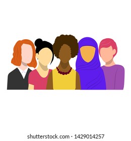 Group of different races women. Flat style illustration isolated on white. Feminism diversity tolerance girl power concept.