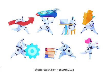 Group different robots on isolated white background. With terminal of payment, moves technology, accepts order and delivers goods. Metaphor of AI, androids bots in business. Vector flat illustration