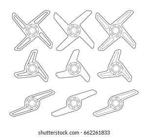 A group of different shapes of spinner or fidget spinner
