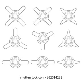 A group of different shapes of spinners or fidget spinners