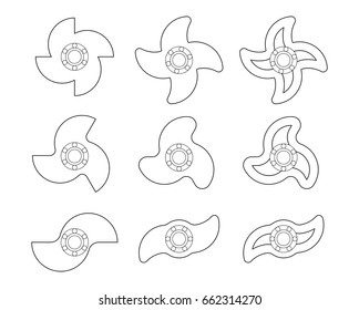 A group of different shapes of spinners or fidget spinners