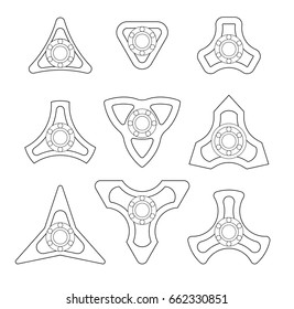 A group of different shapes of spinners or fidget spinners