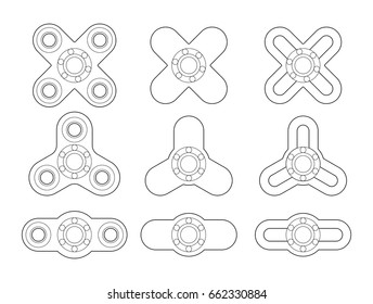 A group of different shapes of spinners or fidget spinners