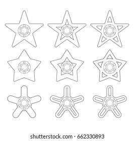 A group of different shapes of spinners or fidget spinners