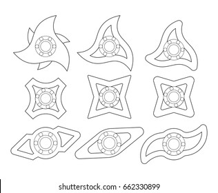 A group of different shapes of spinners or fidget spinners