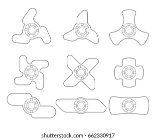 A group of different shapes of spinners or fidget spinners