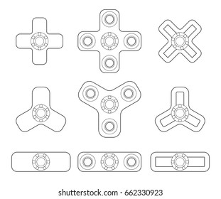 A group of different shapes of spinners or fidget spinners