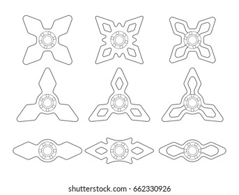 A group of different shapes of spinners or fidget spinners