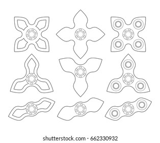 A group of different shapes of spinners or fidget spinners
