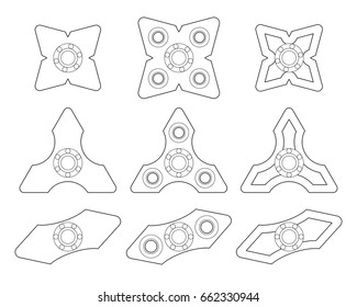 A group of different shapes of spinners or fidget spinners