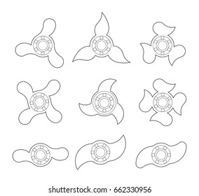 A group of different shapes of spinners or fidget spinners