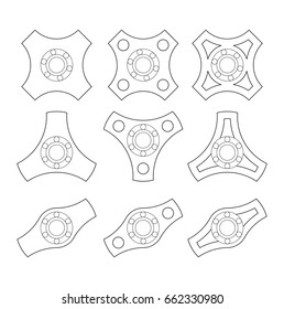 A group of different shapes of spinners or fidget spinners
