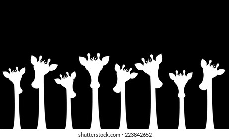 Group of different sizes cute giraffes peeking. you can see only the head and neck of giraffe. cartoon graphic design, vector art illustration. black silhouette isolated on white background