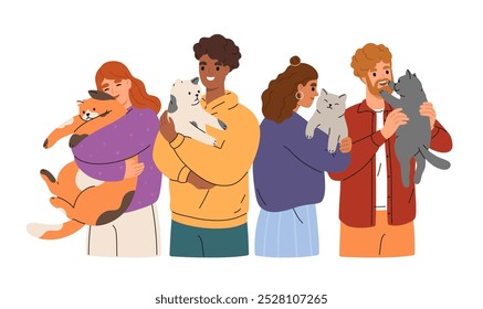 Grupo de diferentes cores de pele pessoas segurando gatos. Homens e mulheres felizes seguram em braços doméstico animal de estimação. Retrato de donos de animais com gatinhos adoráveis. Amizade de animais humanos e felinos. Ilustração plana.