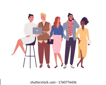 Group of different smiling young employee of multinational company vector flat illustration. Happy diverse business people posing together isolated on white. Joyful stylish modern man and woman