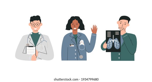 Group of different specializations doctors isolated. Therapist holding examining list, pediatrician greeting with toy, pulmonologist studying x-ray. Medical staff team. Vector flat linear illustration