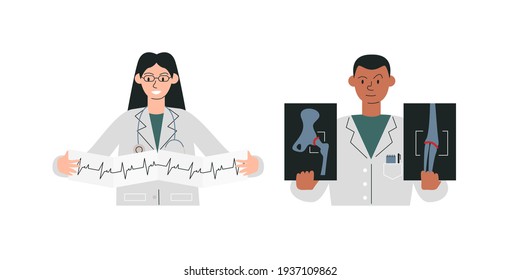 Group of different specializations doctors isolated. Cardiologist holding cardiogram of patient, rheumatologist studying joint bones x-ray diagnostics. Medical staff team. Vector flat illustration
