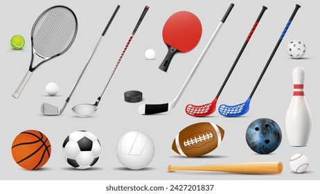 Group of different sport balls and other stuff - basketball, football, tennis, rugby, soccer, baseball, volleyball, golf, table tennis, ice hockey and bowling equipment. Vector illustration.