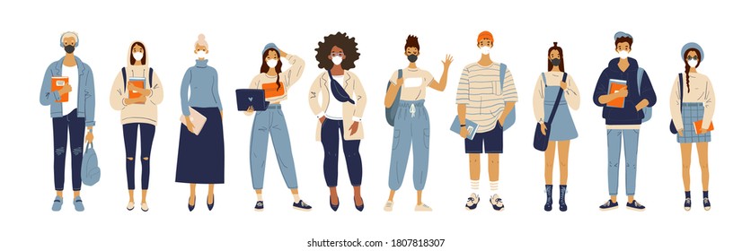 A group of different standing people in masks and respirators. Men and women, schoolchildren and students, prevention of the coronavirus pandemic. Flat cartoon vector illustration isolated on white