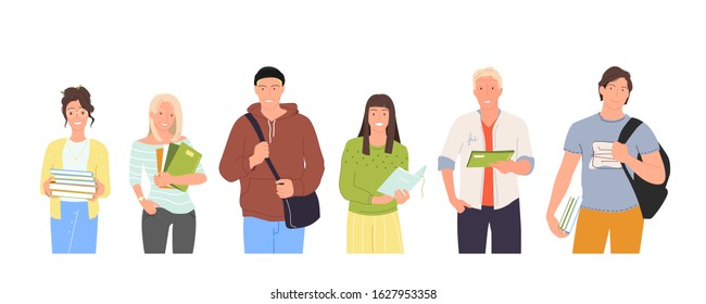 Group of different students. Color flat vector set illustration. Happy young boys and girls holding books and workbooks isolated characters on white background. Teenagers in diverse casual clothes. 
